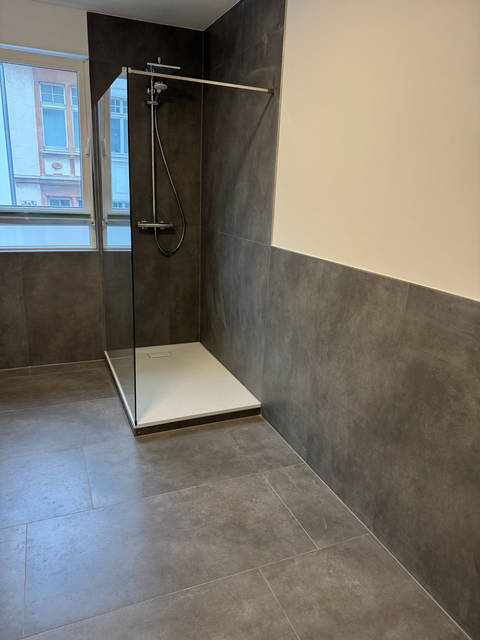 Walk-in Dusche mit dunklen Fliesen